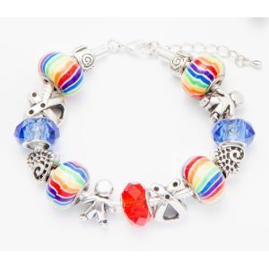 The Autism Awareness Bracelet showcases a vibrant and playful design, featuring silver charms and round beads with rainbow stripes. Alongside blue and red faceted crystal beads, this colorful bracelet includes metal charms shaped as figures and abstract designs, enhancing its unique appeal.