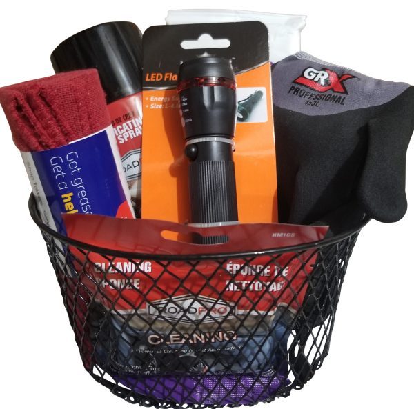 The Automotive Basket contains various automotive essentials, including a red LED flashlight, a black can of lubricating spray, a red cloth, black gloves, and packaged cleaning sponges.