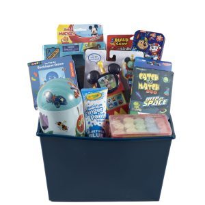 The Anytime Boys Gift Basket is the ideal present, featuring a blue bin filled with various children's toys and activities. Items include a Socktopus game, Mickey Mouse-themed toys, a Build & Play birdhouse kit, Catch and Match Duo game, Little Blue finger paint soap, and a colorful paint palette.