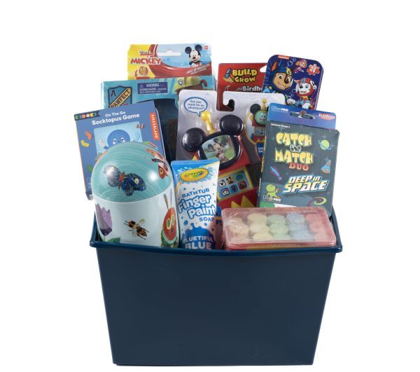 The Anytime Boys Gift Basket is the ideal present, featuring a blue bin filled with various children's toys and activities. Items include a Socktopus game, Mickey Mouse-themed toys, a Build & Play birdhouse kit, Catch and Match Duo game, Little Blue finger paint soap, and a colorful paint palette.