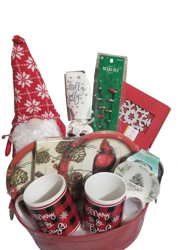 Consider gifting the Automotive Basket this holiday season; it's filled with Christmas-themed items, including two mugs, a gnome with a red hat, decorative plates, a candle, a necklace, coasters, and a framed red snowflake. The basket showcases designs featuring cardinals, snowflakes, and Christmas trees.