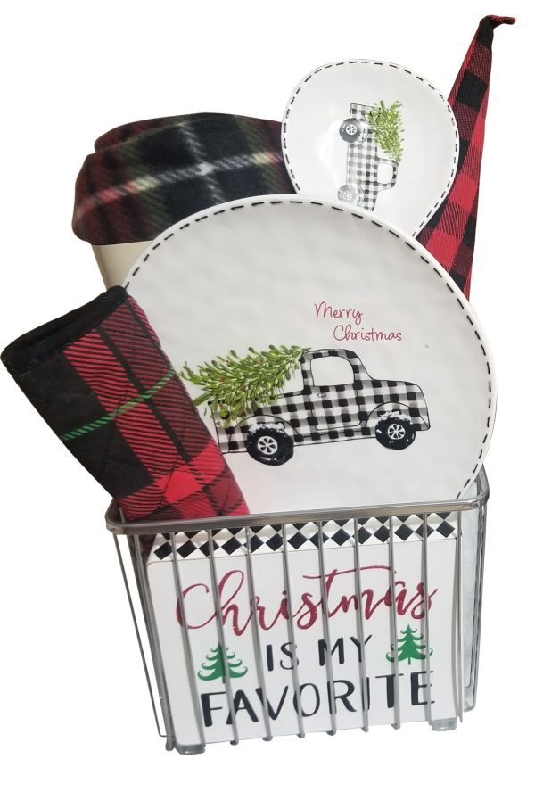 The Automotive Basket is a festive gift set that includes a white plate and bowl featuring a black-and-white plaid truck with a Christmas tree, complemented by a matching plaid napkin and hot pad. Additionally, it features a sign proclaiming "Christmas is my favorite" with tree illustrations, making it the perfect automotive-themed holiday treat.