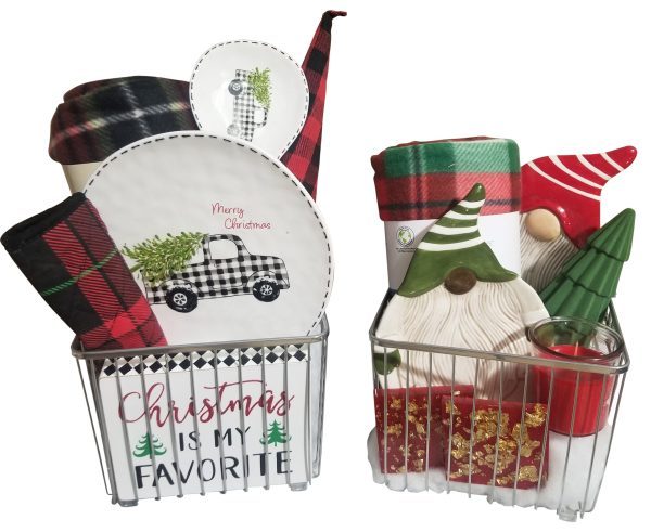 The "Automotive Basket" features two wire baskets filled with festive Christmas-themed items. The left basket contains plaid textiles, a "Merry Christmas" plate adorned with an automotive truck carrying a tree, and a dish. The right basket includes gnome figurines, a Christmas tree ornament, and holiday linens.