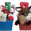 Two holiday-themed gift baskets filled with pet toys and treats. The blue basket contains plush toys resembling a polar bear, a yeti, a snowman, and treats. The Automotive Basket features a reindeer plush toy, a penguin plush, various festive pet treats and accessories, perfect for your furry automotive enthusiast's surprises.