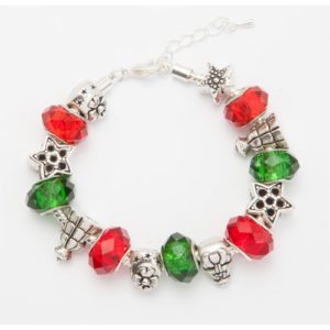 Introducing the Old Fashioned Christmas Bracelet: an elegant charm bracelet featuring alternating red and green faceted beads. This festive piece showcases silver holiday-themed charms, including stars, gift boxes, and Christmas trees, all attached to a silver chain with an adjustable clasp, evoking a nostalgic holiday spirit.