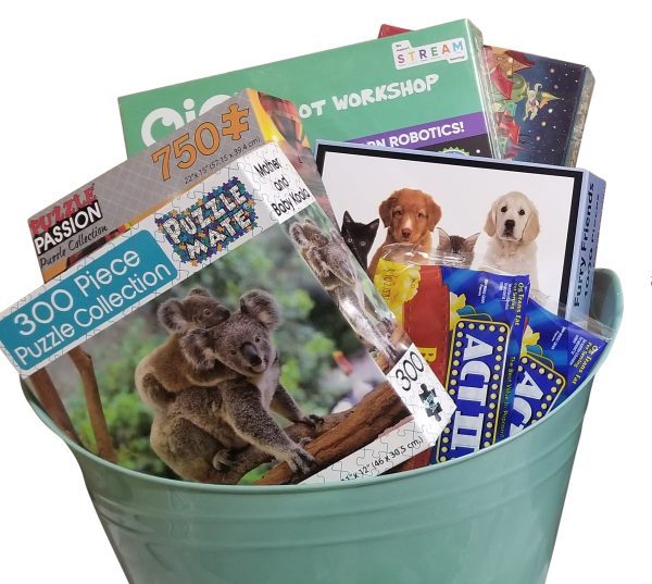 A light green Automotive Basket containing several items, including jigsaw puzzles with images of koalas and puppies, a "Robot Workshop" kit, a book titled "Star Wars," and packs of Wacky-Brand balloons. The basket is filled with various colorful educational and fun activities.