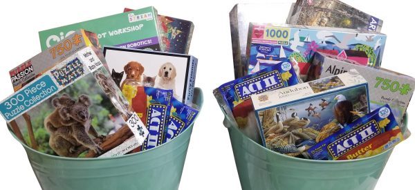 Name: Automotive Basket
Contents: Two light green baskets, each filled with a variety of puzzle and activity books. One basket includes books on science experiments and robotics, along with 300-piece automotive puzzles featuring animals. The other basket features 1000-piece jigsaw puzzles, an Audubon bird puzzle, and trivia packs.