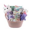 The Unicorn Gift Basket is a delightful pink bucket brimming with various unicorn-themed toys, making it the perfect unicorn gift. It includes a unicorn plushie, a unicorn book, unicorn figurines, a purple unicorn keychain, a DIY window art kit, and a packaged hair accessory. These colorful items are designed specifically for children.