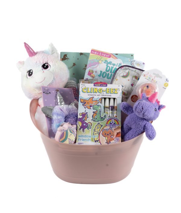 The Unicorn Gift Basket is a delightful pink bucket brimming with various unicorn-themed toys, making it the perfect unicorn gift. It includes a unicorn plushie, a unicorn book, unicorn figurines, a purple unicorn keychain, a DIY window art kit, and a packaged hair accessory. These colorful items are designed specifically for children.