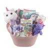 Introducing the Unicorn Gift Basket, a pink basket brimming with unicorn-themed treasures. Inside, you'll find plush toys, a headband adorned with a unicorn horn, the enchanting book "Paint & Display," a Cling-Eez window art set, and an assortment of craft materials. This vibrant gift is sure to delight with its magical offerings.