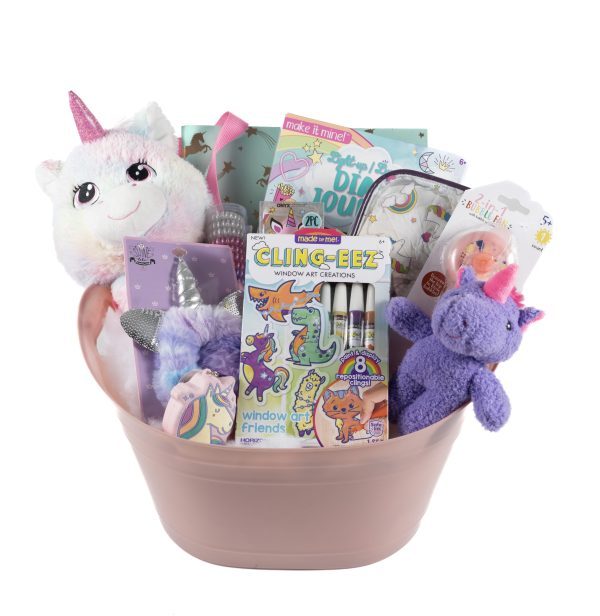 Introducing the Unicorn Gift Basket, a pink basket brimming with unicorn-themed treasures. Inside, you'll find plush toys, a headband adorned with a unicorn horn, the enchanting book "Paint & Display," a Cling-Eez window art set, and an assortment of craft materials. This vibrant gift is sure to delight with its magical offerings.