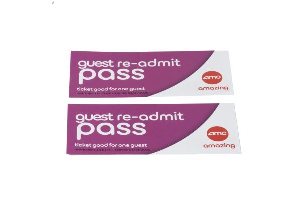 Two purple and white guest re-admit passes from AMC Theatres, featuring the "AMC amazing" logo and text on the right, state “Ticket good for one guest” and have an expiration date of 03/31/2025. These passes are the perfect addition to your Night Out Basket - Pizza & Movies.