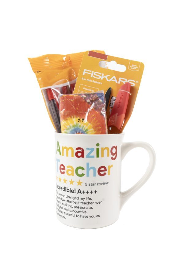 The Amazing Teacher Mug Gift Basket with Free Food Certificate features an "Amazing Teacher" design and a five-star rating. It comes filled with colorful school supplies, such as a pack of Fiskars scissors, pens, a tie-dye notebook, and sticky notes—an ideal addition to any thoughtful gift basket.