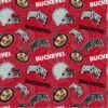 A repeating pattern showcasing Ohio State Buckeyes logos, including the word "BUCKEYES," a football helmet adorned with buckeye stickers, the Ohio State emblem, and an illustrated mascot head on a red background with intricate designs. Ideal for decorating your Personalized Buckeye Basket with 4 Custom Glasses & Cutting Board.