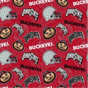 A repeating pattern showcasing Ohio State Buckeyes logos, including the word "BUCKEYES," a football helmet adorned with buckeye stickers, the Ohio State emblem, and an illustrated mascot head on a red background with intricate designs. Ideal for decorating your Personalized Buckeye Basket with 4 Custom Glasses & Cutting Board.