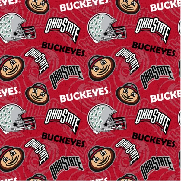 A repeating pattern showcasing Ohio State Buckeyes logos, including the word "BUCKEYES," a football helmet adorned with buckeye stickers, the Ohio State emblem, and an illustrated mascot head on a red background with intricate designs. Ideal for decorating your Personalized Buckeye Basket with 4 Custom Glasses & Cutting Board.