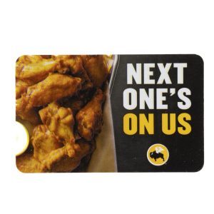 A promotional card featuring an image of sauced chicken wings on the left and the text "NEXT ONE'S ON US" on the right, along with the BW3's $25 Gift Card logo at the bottom right.