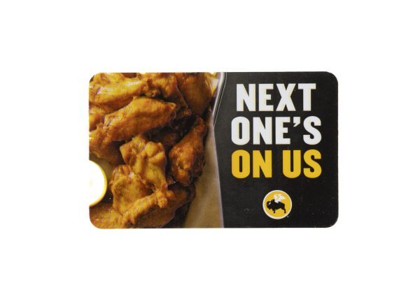 A promotional card featuring an image of sauced chicken wings on the left and the text "NEXT ONE'S ON US" on the right, along with the BW3's $25 Gift Card logo at the bottom right.