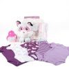 A collection of baby items, including a white and gray stuffed cat toy with pink details, a sippy cup with a pink lid, a folded pink and white blanket, and five baby onesies in various shades of purple and white. Perfect for bedtime or any cozy night—part of the Adult Gambling Night Basket.