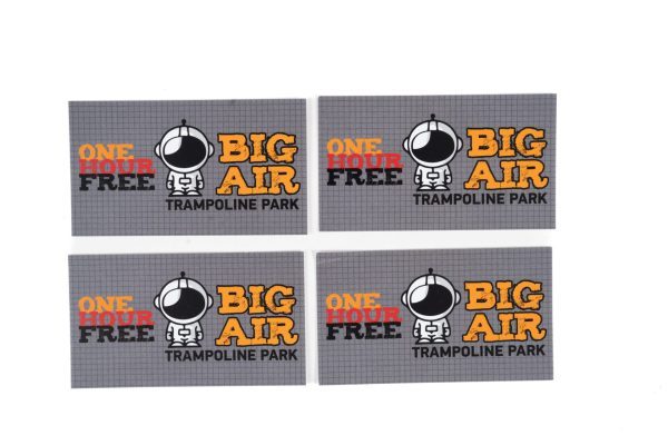 Four identical gray cards featuring an astronaut graphic and the text "ONE HOUR FREE BIG AIR TRAMPOLINE PARK" are included in the Big Air Trampoline & Pizza Entertainment Basket, offering both entertainment and an exciting trampoline experience.