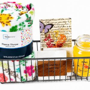 Personalized kitchen and housewarming gift basket custom engraved with wood coasters fleece blanket and candle