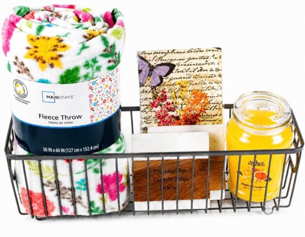 Personalized kitchen and housewarming gift basket custom engraved with wood coasters fleece blanket and candle