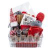 A Personalized Buckeye Basket, complete with 4 custom glasses, a cutting board, and various football-themed items such as a decorative sign reading "Football is my favorite season," a gnome plush, a gray blanket, a red oven mitt, mason jars, and other themed kitchen and home accessories.