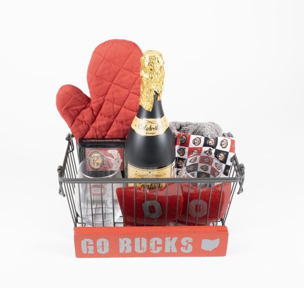 A Personalized Buckeye Basket with a bottle of champagne, mittens, and 2 custom glasses - pint, wine, or juice/rocks.