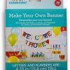 A package labeled "Build a Banner - Make Your Own Banner Kit" featuring a sample banner with colorful letters spelling "Welcome Home." The custom banner kit includes foil letters, numbers, and fasteners to create a personalized message. The background shows party decorations including balloons and treats.