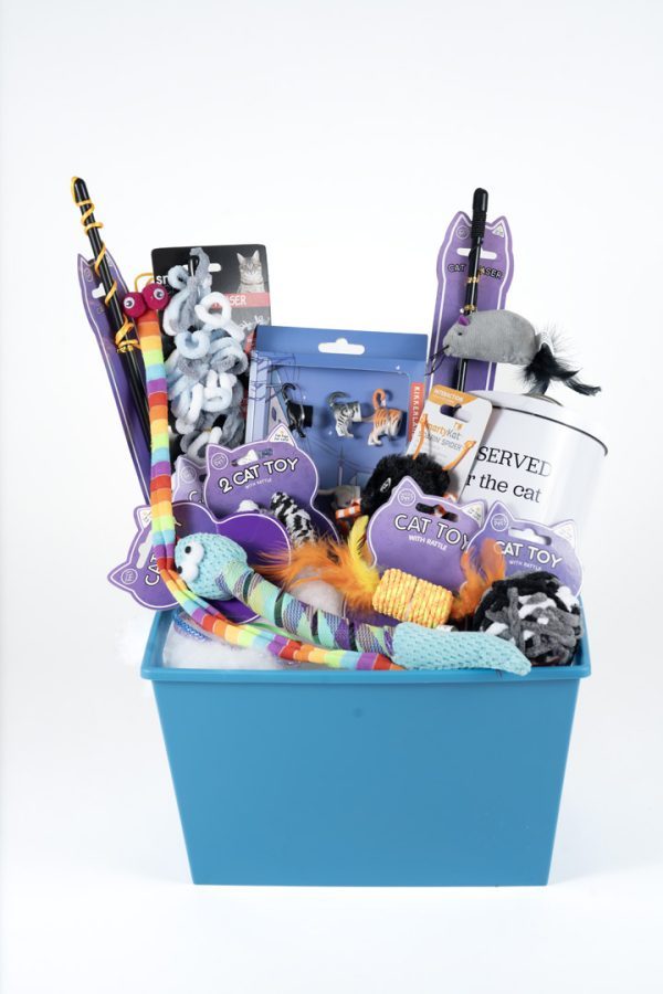 Introducing the Adult Gambling Night Basket: a blue gift basket filled with assorted cat toys and themed items. It includes a multicolored ribbon toy, plush mice, feather toys, a small sword toy, a mug adorned with a cat image, and purple tags reading "cat toy." It's the perfect treat for an adult who loves to pamper their feline friend after an exciting evening out.