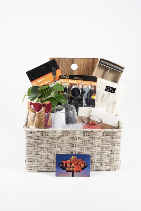 A Personalized Celebration Basket with 2 custom coasters, 2 custom wine glasses, a custom cutting board, and a $40 Dinner for Two gift card for Texas Roadhouse.