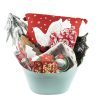 The Christmas Home & Kitchen Gift Basket - Premium is the perfect holiday offering, featuring a variety of festive items such as a red pillow adorned with a white bird design, a small evergreen tree, red and gold gift boxes, candles, a ceramic dish, and a decorative plate shaped like a holly leaf—all beautifully arranged in an elegant blue container to enhance your home and kitchen décor.