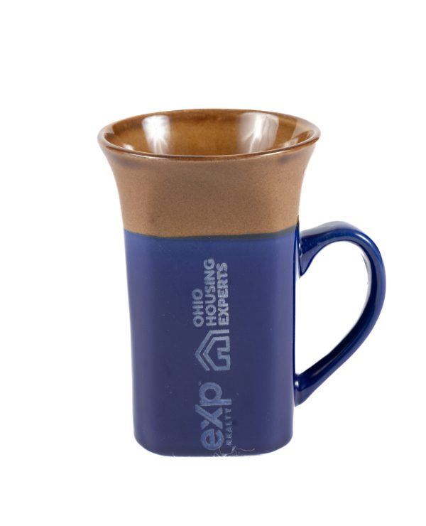 The ceramic "Coffee Mug - Design your own Mug" showcases a glossy finish and is adorned with the text "Ohio Housing Experts EXP REALTY" on its blue and brown exterior. This stylish mug features a wide, flared rim and a sturdy handle, making it perfect for personalized designs.