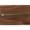 A rectangular cutting board with a smooth, natural grain pattern crafted from wood. It features a rounded corner hole at the top left for hanging and an engraved "YOUR CUSTOM TEXT/LOGO HERE" in the bottom right corner, making the Custom Cutting Board - Your Custom Text/Logo Here perfect for any kitchen.