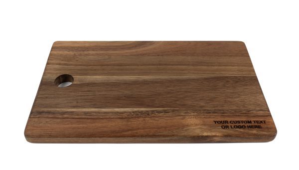 The Custom Cutting Board - Your Custom Text/Logo Here is made of beautiful wood, featuring a small hole near the top left corner and an area on the bottom right for your custom logo or text. The visible wood grain adds a natural texture to this charming kitchen essential.