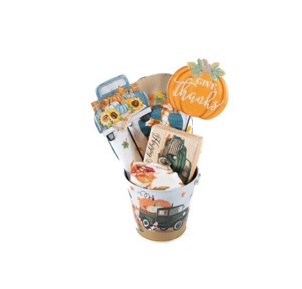 The "Fall Pail with Free Food Certificate" is a perfect autumn and Thanksgiving-themed collection, featuring decorated pumpkin and truck cutouts, a tea towel adorned with sunflower and vintage truck prints, a small "Give Thanks" pumpkin ornament, all presented in a rustic fall design pail highlighted by a charming vintage truck motif.