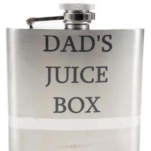 The Flask - Dad's Juice is a metallic flask with a screw-on cap, engraved with the text "DAD'S JUICE." The faint branding "rabbit™" can be seen near the bottom of the flask.