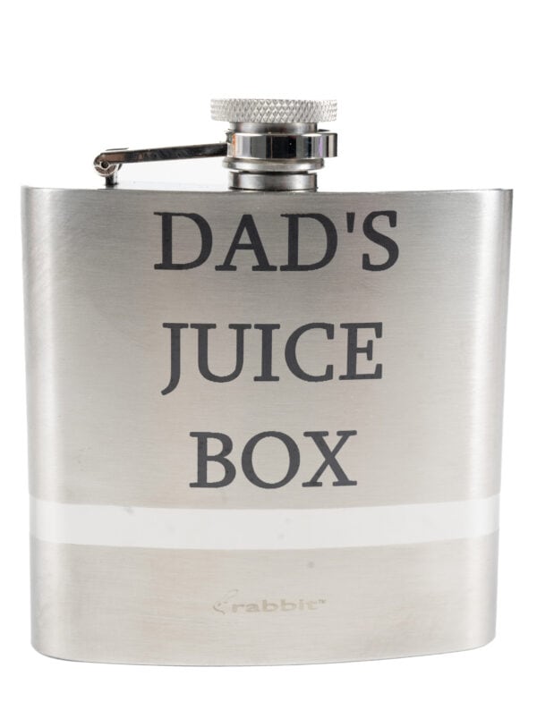 The Flask - Dad's Juice is a metallic flask with a screw-on cap, engraved with the text "DAD'S JUICE." The faint branding "rabbit™" can be seen near the bottom of the flask.