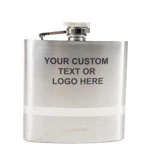 Introducing the Silver Flask - Your Custom Text/Logo Here. This sleek, metallic flask features a closed screw-on cap and is adorned with the words "Your Custom Text or Logo Here" printed in black on the front. It also showcases a small "rabbit" logo at the bottom and includes an elegant white stripe for added style.