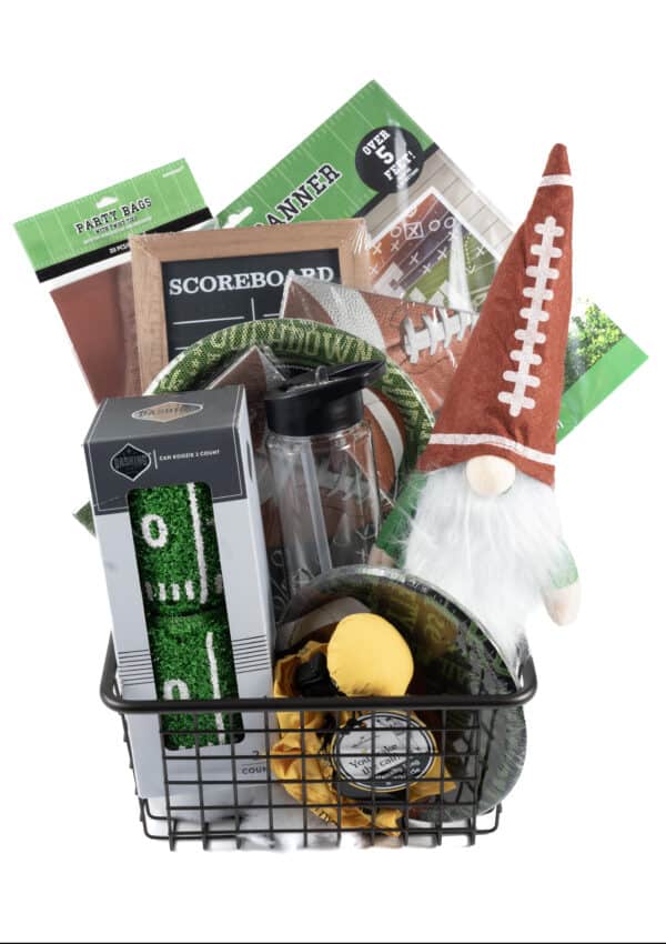 The Football Game Day Gift Basket is perfect for any fan, featuring a black wire basket filled with football-themed items that are sure to make game day even more exciting. Included in the basket are a gnome with a football-shaped hat, a scoreboard sign, a green field table runner, party bags, a water bottle, yellow mini footballs, and small football field decor.