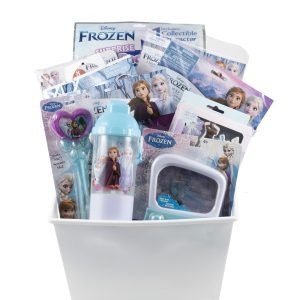 Introducing the Frozen Gift Basket, a delightful collection that includes a white bucket brimming with an assortment of Frozen-themed treasures such as a water bottle, heart-shaped wand, small figurines, and a mirror compact. Each item is adorned with cherished characters and scenes from Disney's Frozen movie. The backdrop is complete with neatly arranged boxes and packaging.