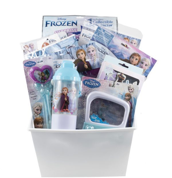 Introducing the Frozen Gift Basket, a delightful collection that includes a white bucket brimming with an assortment of Frozen-themed treasures such as a water bottle, heart-shaped wand, small figurines, and a mirror compact. Each item is adorned with cherished characters and scenes from Disney's Frozen movie. The backdrop is complete with neatly arranged boxes and packaging.