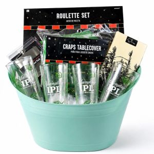 Adult gambling gift basket featuring roulette wheel craps set and beer glasses for game night.