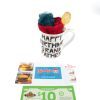 The "Happy Birthday Grandfather" Mug features colorful lettering and is filled with multi-colored socks and a yellow clip. Included below are McDonald's coupons, a Wendy's gift card, a Chick-fil-A coupon, and a Texas Roadhouse $10 trade bucks voucher—perfect free food certificates.