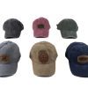 A set of six Custom Hats - Distressed with Leather Patch, showcased in various colors and designs. The top row includes dark gray, maroon, and green caps, while the bottom row highlights light gray, beige with a circular leather patch, and navy blue caps with a rectangular patch.