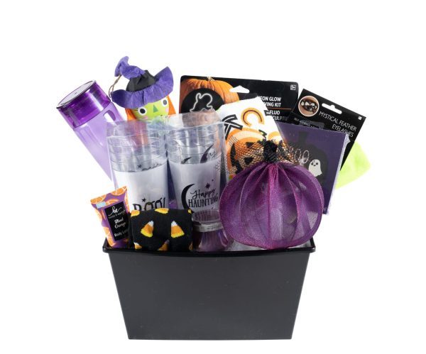 The Halloween Medium is a black basket packed with Halloween-themed items, featuring a purple water bottle, a small pumpkin decoration wearing a witch hat, two transparent cups with the text "Happy Haunting," socks decorated with pumpkins, a trick-or-treat bag, and additional festive accessories.