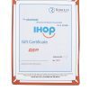 The IHOP $25 Certificate showcases the IHOP logo, includes a touching message stating "The shortest distance between two people is a smile," features an authorization signature, is identified by certificate number No. 15212, and notes that its validity is subject to conditions specified on the reverse side.