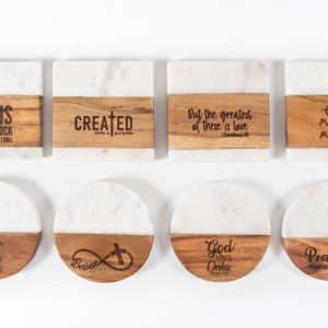 Introducing the "Inspirational Coasters - Choose Your Design & Quantity" collection, which includes eight coasters featuring six round and two square designs. Each coaster is elegantly divided into half-white and half-wooden sections and adorned with Christian-themed texts such as "JESUS IS MY ROCK," "Created with a purpose," and "God only knows.