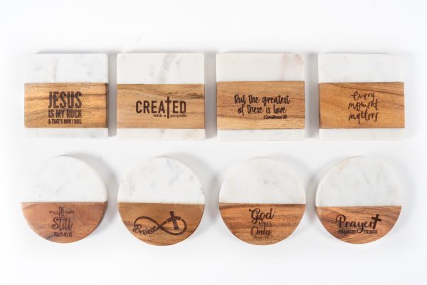 Introducing the "Inspirational Coasters - Choose Your Design & Quantity" collection, which includes eight coasters featuring six round and two square designs. Each coaster is elegantly divided into half-white and half-wooden sections and adorned with Christian-themed texts such as "JESUS IS MY ROCK," "Created with a purpose," and "God only knows.