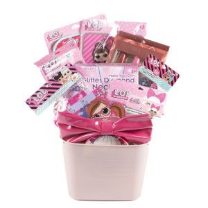 The LOL Surprise Gift Basket is packed with a variety of themed items including a glitter diamond necklace kit, a coloring book, a fashion doll, and various accessories. Each item is beautifully arranged in a vibrant pink and purple package and presented in an elegant light pink container.